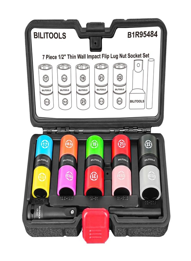 BILITOOLS Lug Nut Socket Set, 1/2" Thin Wall Impact Flip Sockets for Wheel lug Nuts with Non-Marring Sleeves, Half Sizes: 17/17.5, 18.5/19.5, 19/21, 21/21.5, 22/22.5mm, Knockout Bar & Extension - Image 1