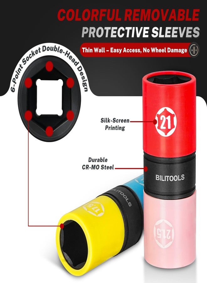 BILITOOLS Lug Nut Socket Set, 1/2" Thin Wall Impact Flip Sockets for Wheel lug Nuts with Non-Marring Sleeves, Half Sizes: 17/17.5, 18.5/19.5, 19/21, 21/21.5, 22/22.5mm, Knockout Bar & Extension - Image 3