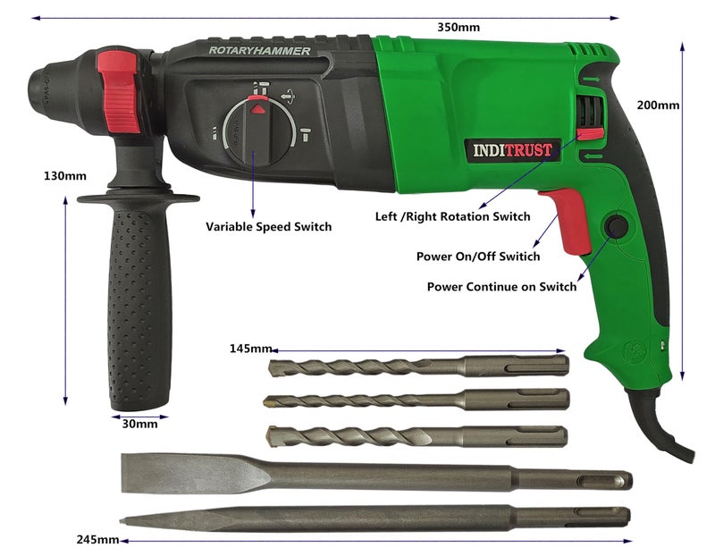 Inditrust 1250W 26mm Electric rotary hammer drill Machine with SDS drill bits and accessories, Set of 1 with 6 MONTHS WARRANTY (GREEN) 100% Copper Winding - Image 2