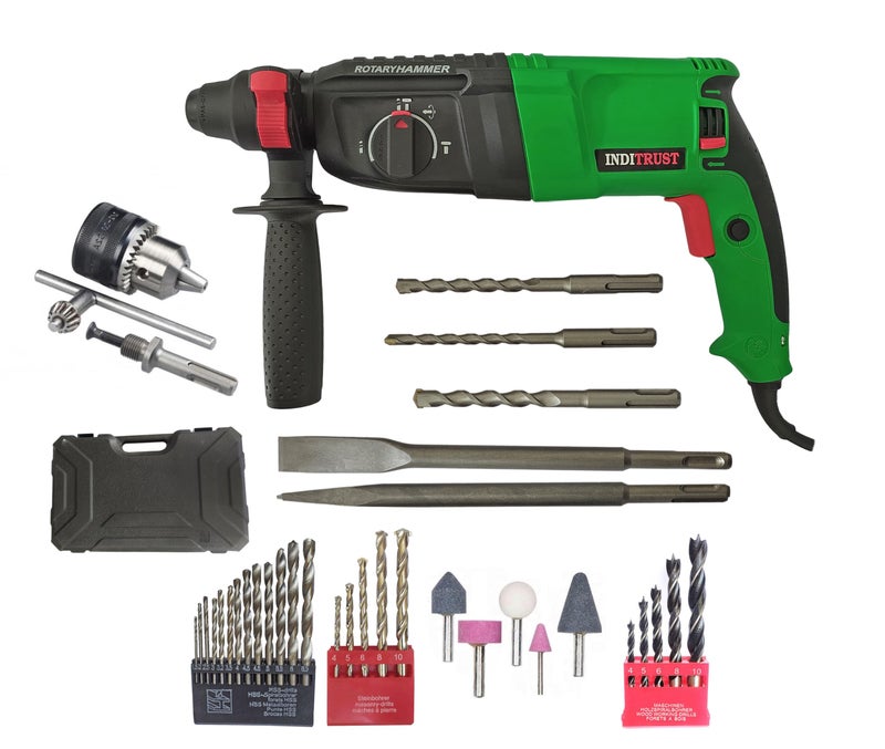 Inditrust 1250W 26mm Electric rotary hammer drill Machine with SDS drill bits and accessories, Set of 1 with 6 MONTHS WARRANTY (GREEN) 100% Copper Winding - Image 1
