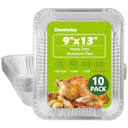 Demiwise Thickened 10 Pack Heavy Duty Aluminum Pans, 9x13 Aluminum Foil Pans Disposable, Half Size Steam Table Foil Baking Tray for Cooking, Baking, Roasting & Chafing, Carton Packaging - Image 1