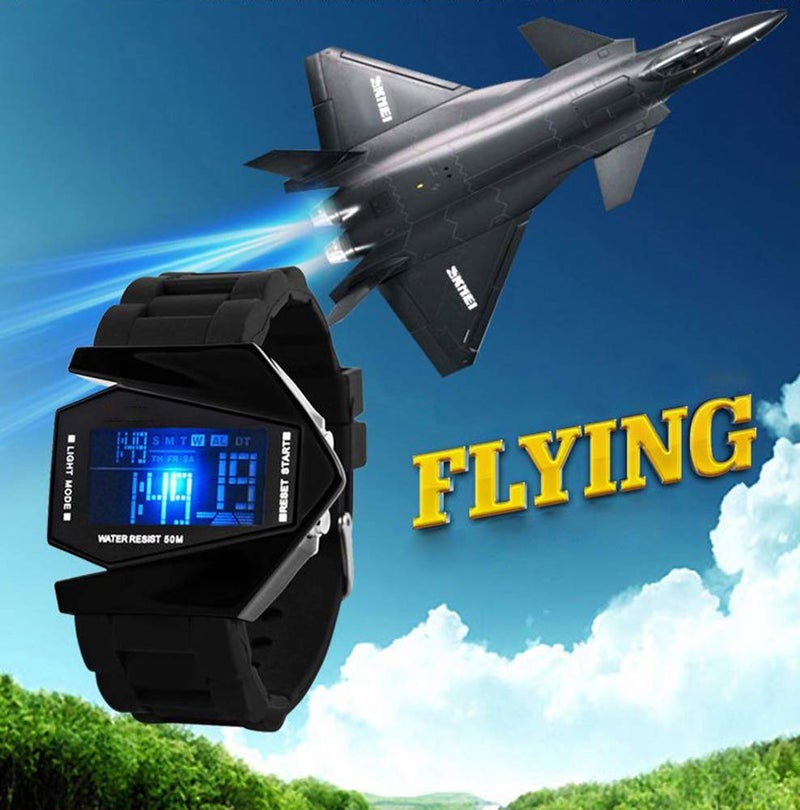 FANMIS Unisex Elegant Plane Style Digital Display Waterproof Outdoor Sports Silicone Strap LED Wrist Watch (Black) - Image 5