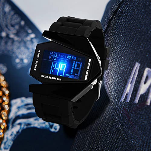 FANMIS Unisex Elegant Plane Style Digital Display Waterproof Outdoor Sports Silicone Strap LED Wrist Watch (Black) - Image 2