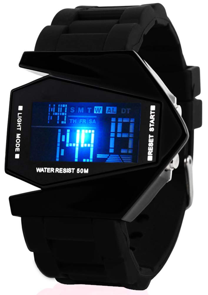 FANMIS Unisex Elegant Plane Style Digital Display Waterproof Outdoor Sports Silicone Strap LED Wrist Watch (Black) - Image 1