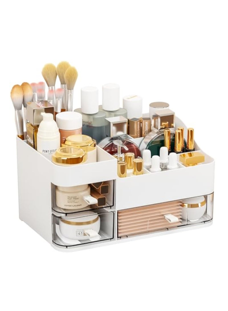 Arabest Makeup Organizer with Drawer,Large Capacity Cosmetic Storage Organizer & Makeup Drawer Organizer Suitable Vanity,Bathroom,Countertop and Dresser,White Skincare Organizer for Skin Care,Beauty Products - Image 1