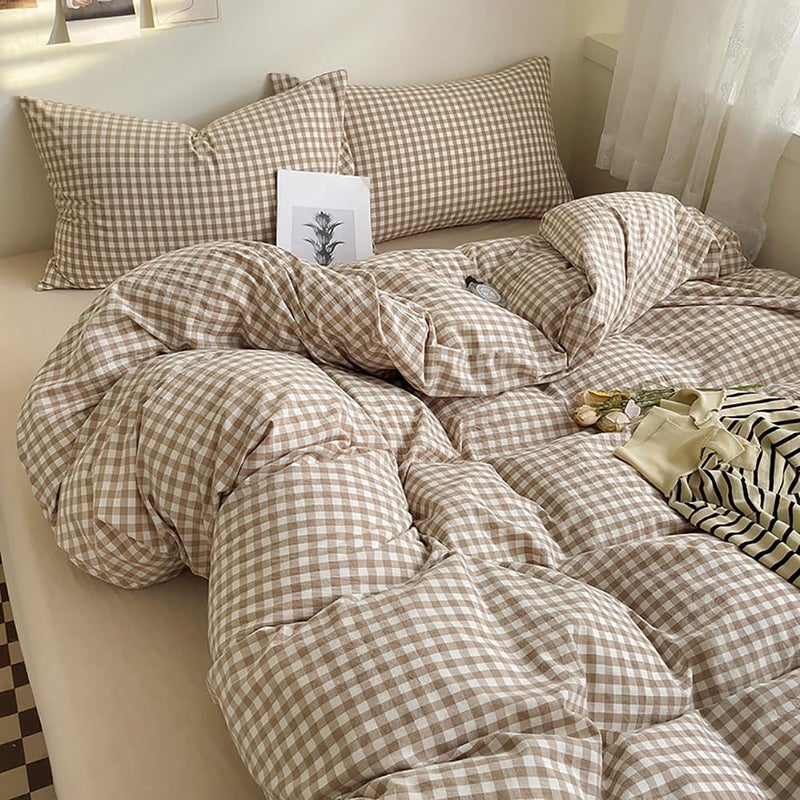 Nayoroom Brown Gingham Duvet Cover Queen Size Tan White Plaid Checkered Duvet Cover 3 Pieces Grid Dorm Bedding Set with 2 Pillowcases, Soft Breathable Washed Microfiber - Image 5