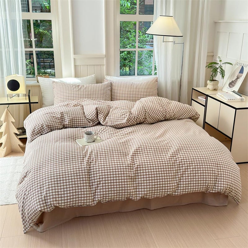 Nayoroom Brown Gingham Duvet Cover Queen Size Tan White Plaid Checkered Duvet Cover 3 Pieces Grid Dorm Bedding Set with 2 Pillowcases, Soft Breathable Washed Microfiber - Image 2