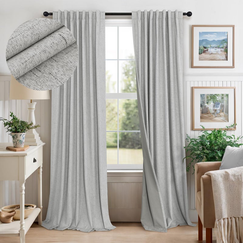 Pitalk Light Grey Blackout Curtains 84 Inch Length 2 Panels for Dining Room Darkening Curtain for Bedroom Gray Linen Textured Black Out Sunblock Light Blocking Long Drapes for Living Room Patio Door Back Tab  - Image 1