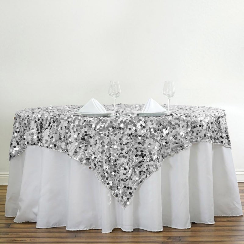 BalsaCircle 72Inch Silver Square Big Payette Sequin Table Overlay Linens for Wedding Party Kitchen Dining Events - Image 1