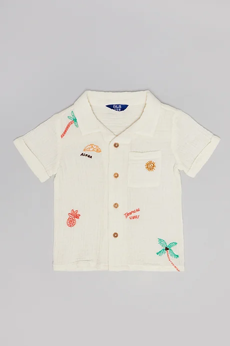 أر أند بي Embroidered Shirt with Revere Collar and Short Sleeves