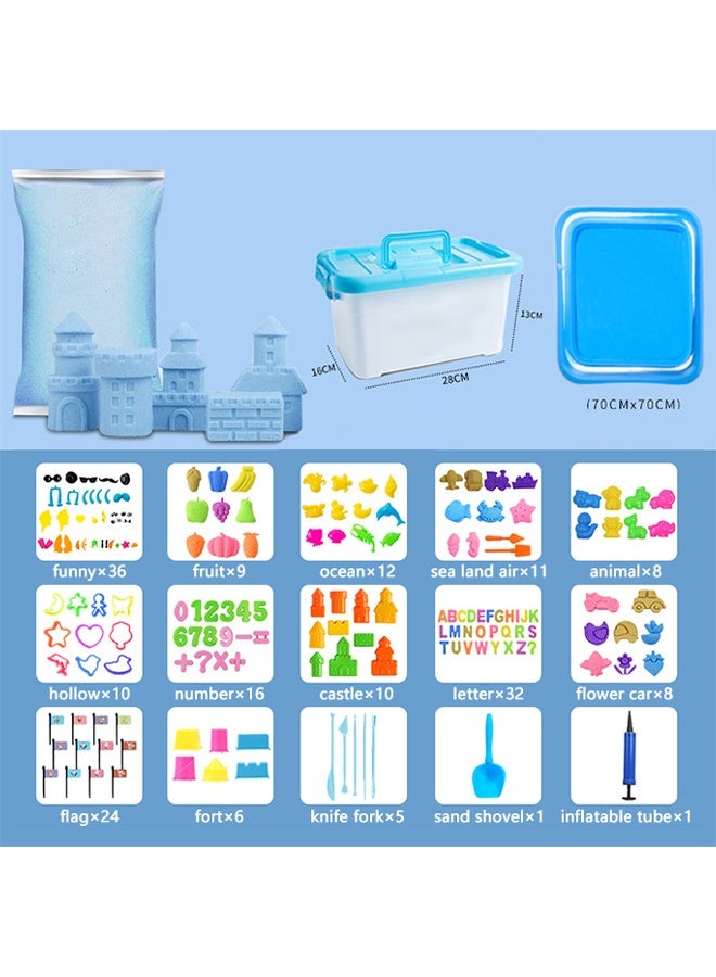 لكارموم 190 قطعة طقم فن الرمل السحري للأطفال، طقم فن الرمل للأطفال، أدوات فن الرمل، أدوات القوالب، صينية قابلة للنفخ، صندوق تخزين مع أدوات مجرفة اللعب، صندوق تخزين محمول، طقم رمل صندوق الرمل ألعاب الشاطئ للبنات والأولاد (أزرق) - Image 2