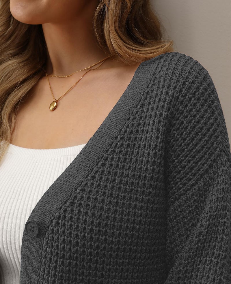 QUALFORT Women's Cardigan Sweaters for Women 100% Cotton Button-Down Long Sleeve Fall Sweaters for Women 2026 Dark Grey Large - Image 3