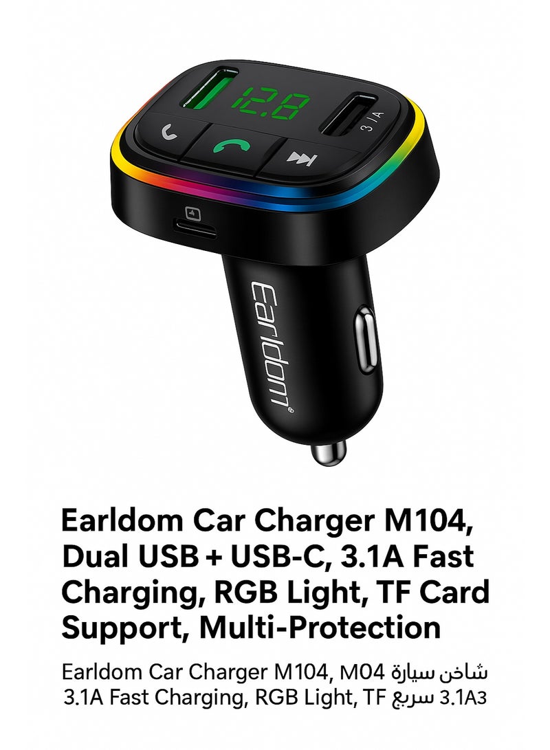 Earldom Car Charger M104, Dual USB + USB-C, 3.1A Fast Charging, RGB Light, TF Card Support, Multi-Protection