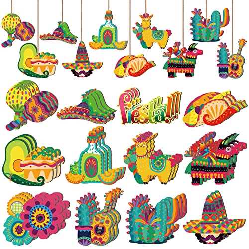 Purpeak 36 Pcs Cinco De Mayo Decorations Mexican Fiesta Ornaments Wooden Tree Ornaments Mexican Fiesta Hanging Decoration Piñata Sign for Cinco De Mayo Party Favors Holiday Supplies Tree Outdoor Decor - Image 1