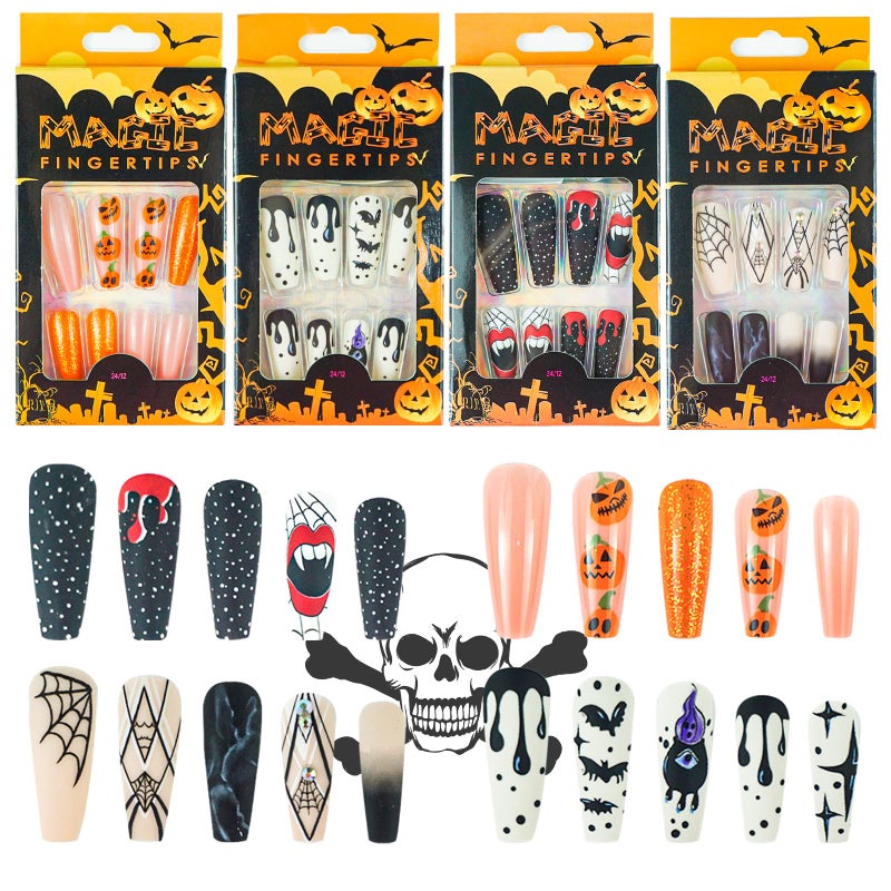 96 Pcs Halloween Press on Nails Wsimily Halloween Long Coffin Acrylic Artificial False Nails Fake Nail with 96 Pcs Nail Adhesive Tabs Pumpkin Spider Bat Design for Women Girl Nail Art Decoration
