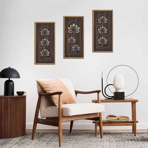 KAIRNE Lotus Wooden Wall Art,Floral Vintage Farmhouse Room Boho Decor,Set of 3(16” X 8”),Framed Mandala Lotus Flowers Wall Decor,Bohemian Retro Wood Hanging Board for Living Room Yoga room Office Decoration - Image 3