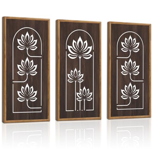 KAIRNE Lotus Wooden Wall Art,Floral Vintage Farmhouse Room Boho Decor,Set of 3(16” X 8”),Framed Mandala Lotus Flowers Wall Decor,Bohemian Retro Wood Hanging Board for Living Room Yoga room Office Decoration - Image 1