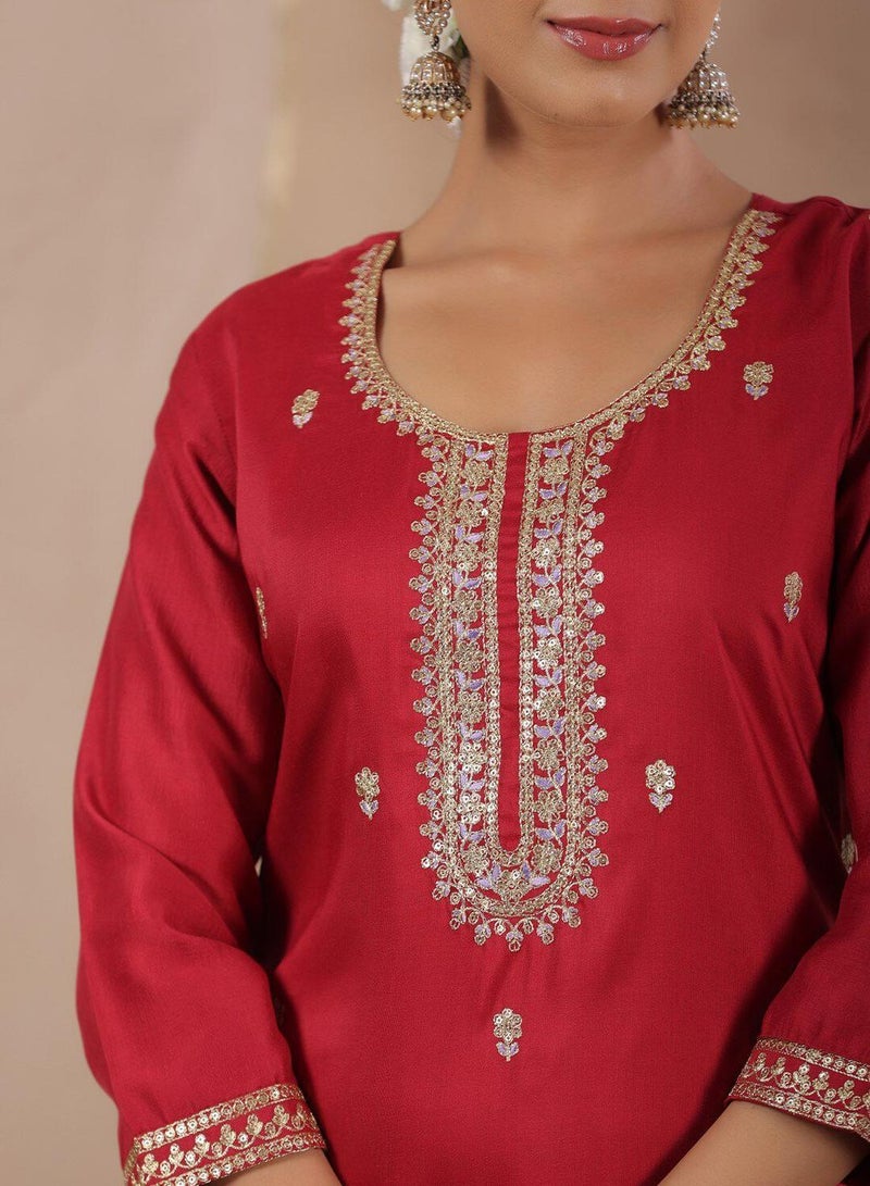 ISHIN Regular Fit Embellished Pattern Round Neck Three Quarter Sleeve Fuchsia Colour Knitted Silk Kurtas For  - Image 2
