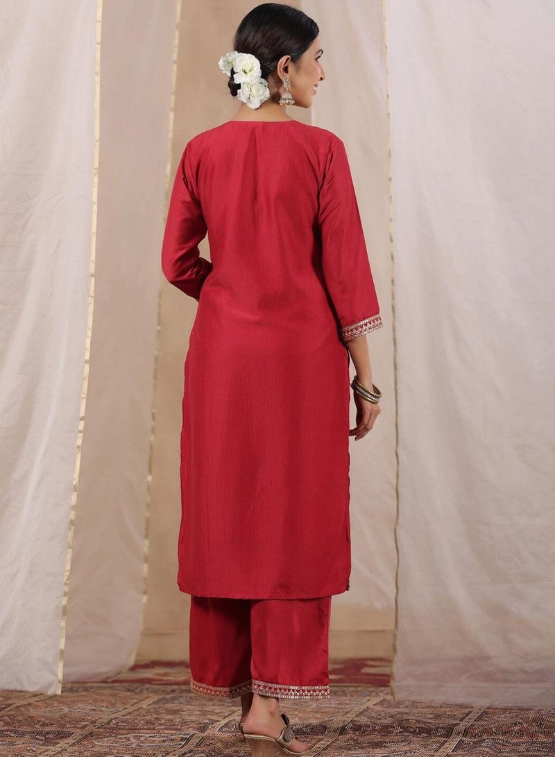 ISHIN Regular Fit Embellished Pattern Round Neck Three Quarter Sleeve Fuchsia Colour Knitted Silk Kurtas For  - Image 5
