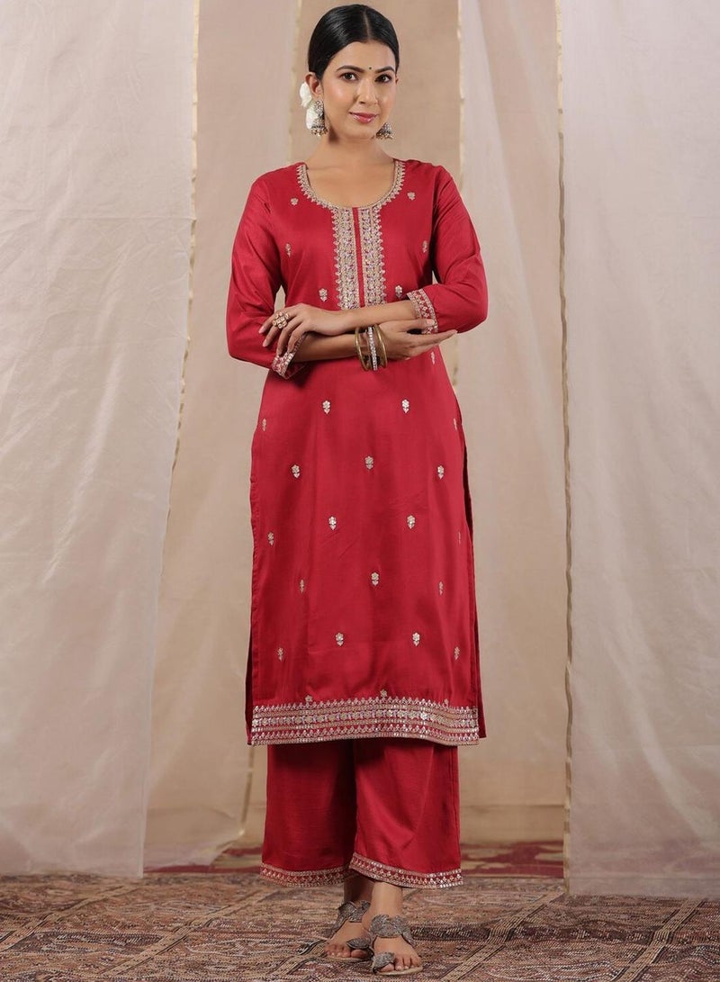 ISHIN Regular Fit Embellished Pattern Round Neck Three Quarter Sleeve Fuchsia Colour Knitted Silk Kurtas For  - Image 1