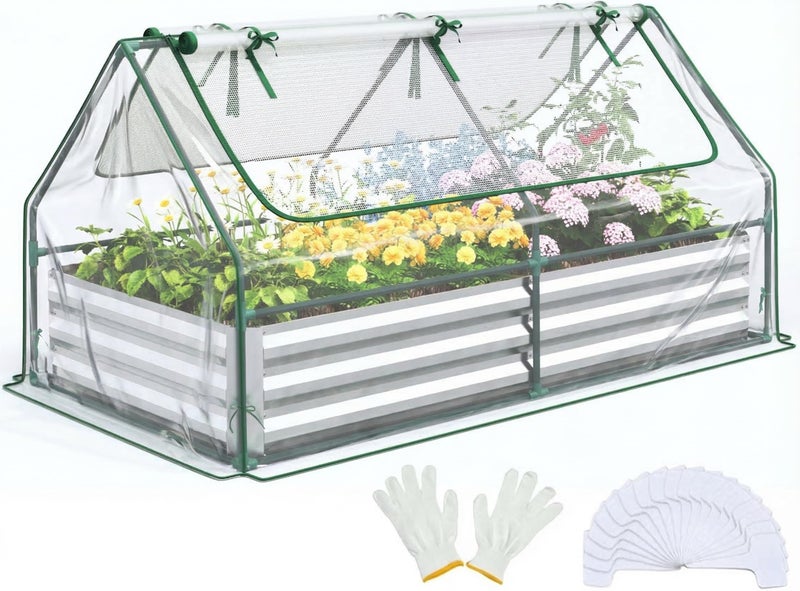 Quictent Raised Garden Bed with Cover Outdoor Galvanized Metal Planter Box Kit, w/ 2 Large Screen Windows Mini Greenhouse 20pcs T Tags 1 Pair of Gloves Included for Growing Vegetables 6x3x1ft (Clear) - Image 1
