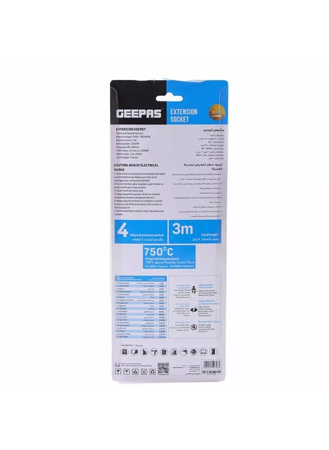 GEEPAS Geepas Extension Socket, Extension Board with 4 Ways Socket Outlet, Power Extender with 3 Meter Cable  - Image 3