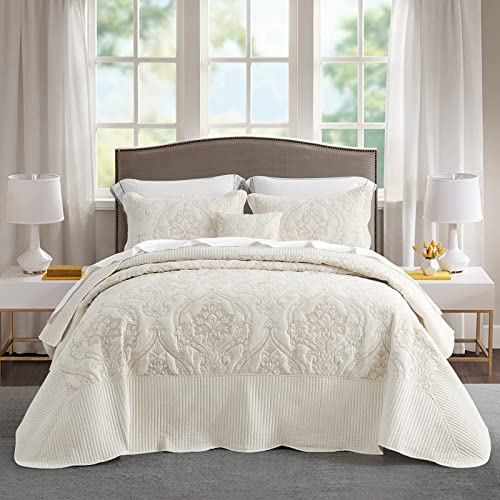 CHIXIN Bedspread Coverlet Set Queen Size Lightweight Bedding Cover Beautiful Stitching 5 Piece Reversible Bedspread Gorgeous Damask Paisley Pattern Queen IvoryYellow - Image 1