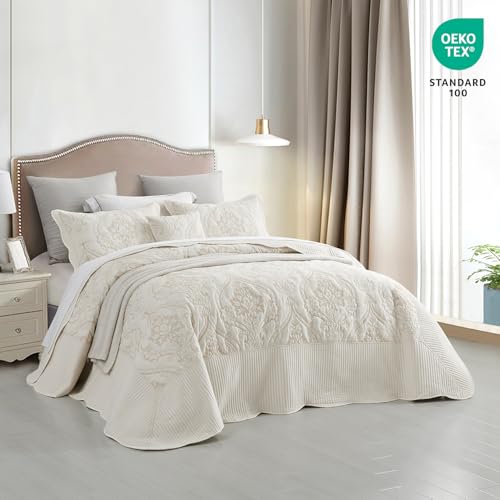 CHIXIN Bedspread Coverlet Set Queen Size Lightweight Bedding Cover Beautiful Stitching 5 Piece Reversible Bedspread Gorgeous Damask Paisley Pattern Queen IvoryYellow - Image 3