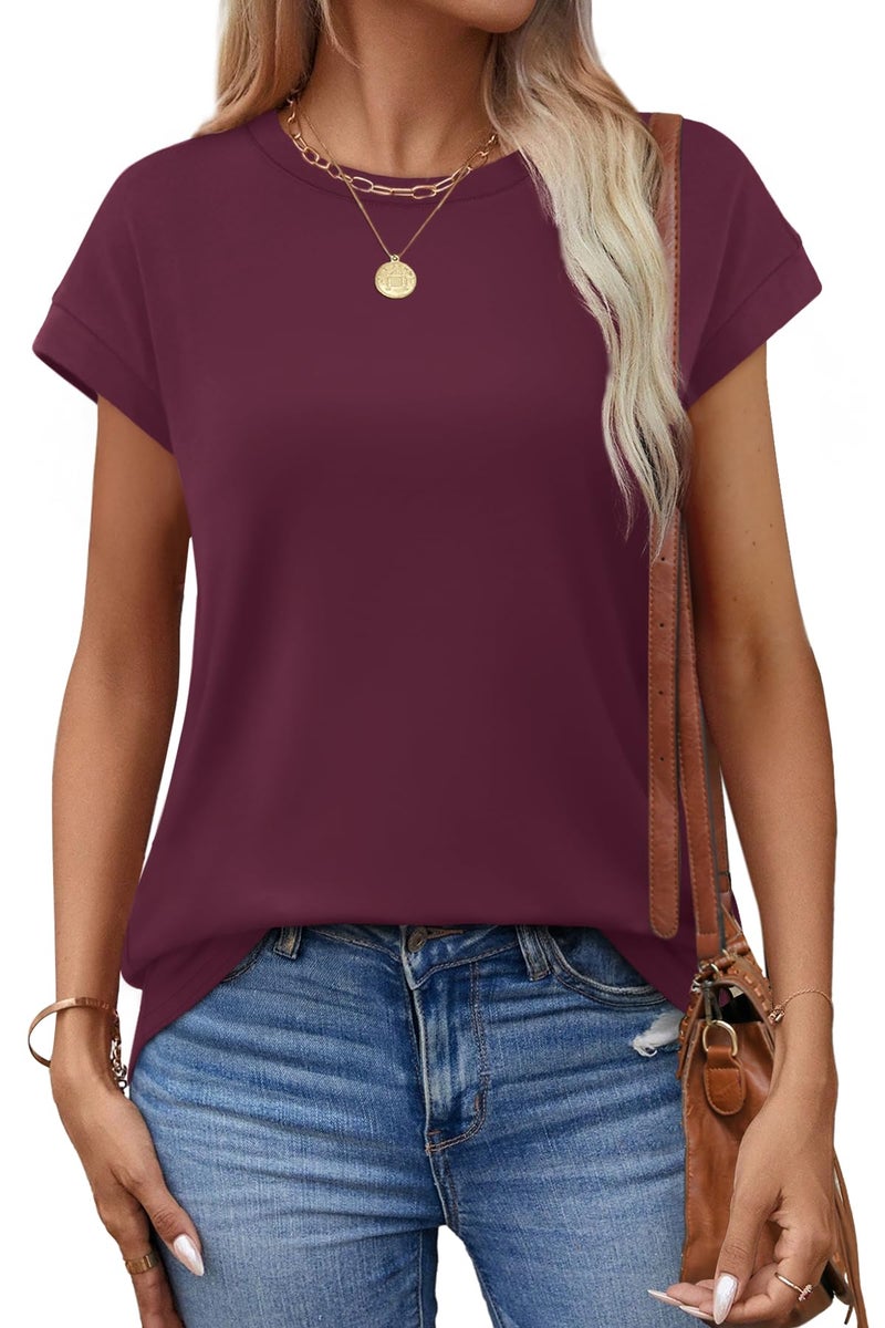 Alaroo Red Tops for Women Summer Shirts Short Sleeve Cute Trendy Tunic Blouses Plain Burgundy XL - Image 3