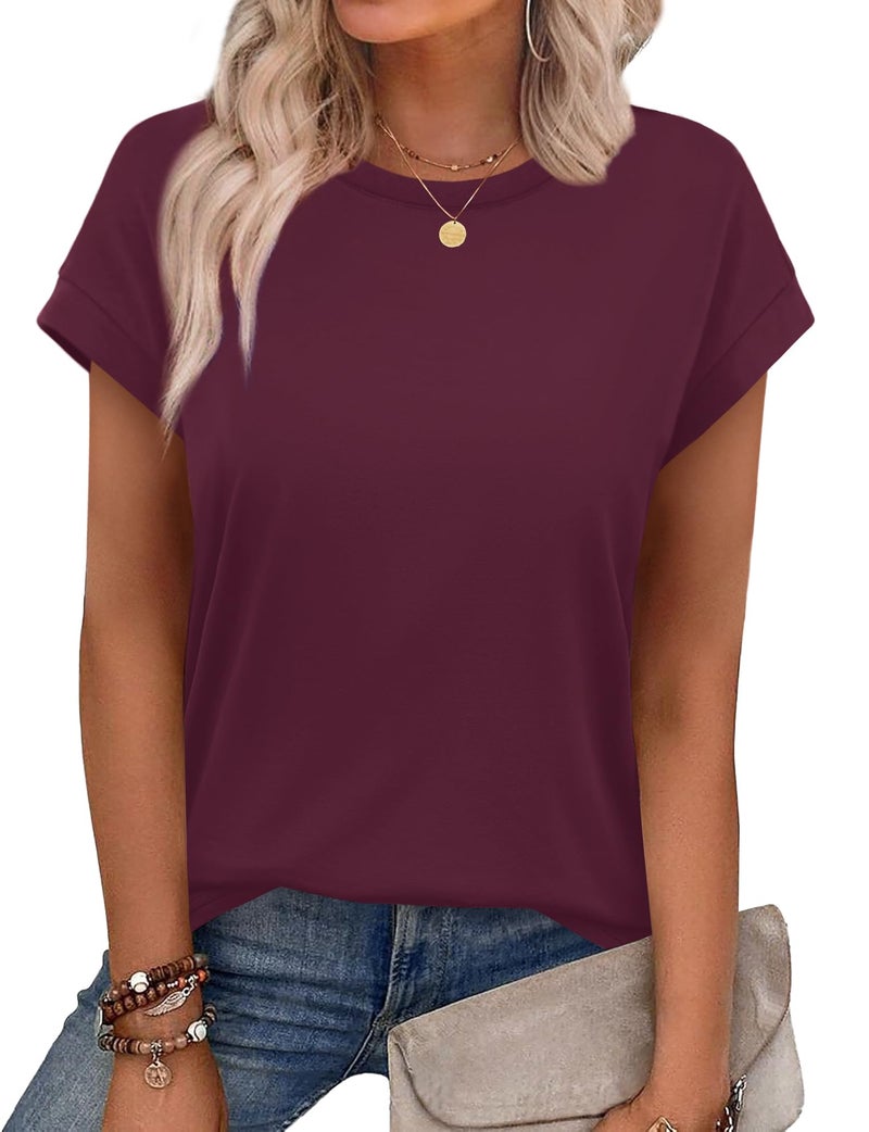 Alaroo Red Tops for Women Summer Shirts Short Sleeve Cute Trendy Tunic Blouses Plain Burgundy XL - Image 1