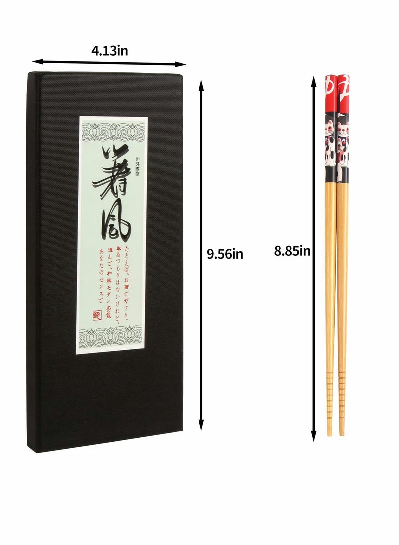 Bamboo Chopsticks Premium 5 Pack Japanese Reusable Chopsticks with Fortune Cat Print Natural Food Grade Chop Sticks for Sushi Asian Dishes - Image 2