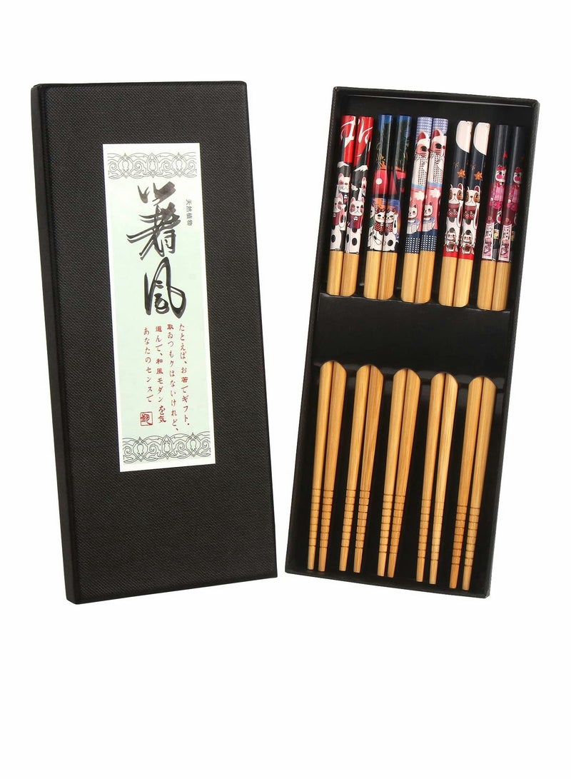 Bamboo Chopsticks Premium 5 Pack Japanese Reusable Chopsticks with Fortune Cat Print Natural Food Grade Chop Sticks for Sushi Asian Dishes - Image 1