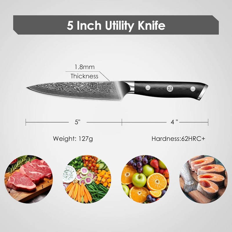 KEEMAKE Kitchen Utility Knife, 5 Inch Chef Knife, 67-Layer Damascus Steel Paring Knife with Ergonomic G10 Handle, Multipurpose Kitchen Knife for Fruit and Vegetable Cutting - Image 2