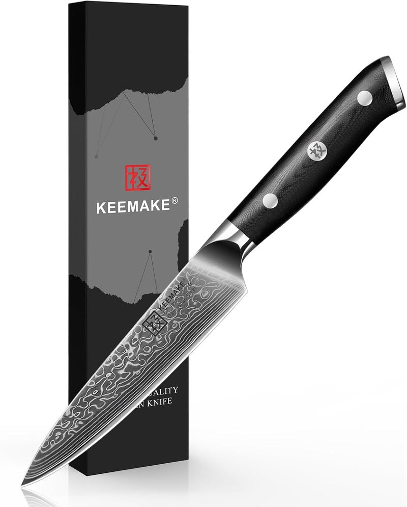 KEEMAKE Kitchen Utility Knife, 5 Inch Chef Knife, 67-Layer Damascus Steel Paring Knife with Ergonomic G10 Handle, Multipurpose Kitchen Knife for Fruit and Vegetable Cutting - Image 1