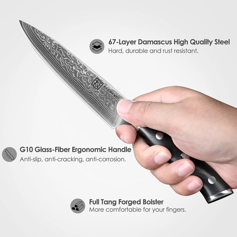 KEEMAKE Kitchen Utility Knife, 5 Inch Chef Knife, 67-Layer Damascus Steel Paring Knife with Ergonomic G10 Handle, Multipurpose Kitchen Knife for Fruit and Vegetable Cutting - Image 5