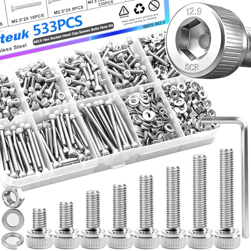 mxuteuk M2.5 Screws Assortment Set,M2.5 x 4/6/8/10/12/16/20/25mm Hex Socket Head Cap Screw Bolts Nuts Kit,304 Stainless Steel Assorted Screws with Hex Wrench (533PCS) - Image 1