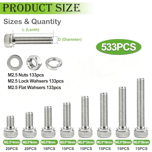 mxuteuk M2.5 Screws Assortment Set,M2.5 x 4/6/8/10/12/16/20/25mm Hex Socket Head Cap Screw Bolts Nuts Kit,304 Stainless Steel Assorted Screws with Hex Wrench (533PCS) - Image 2