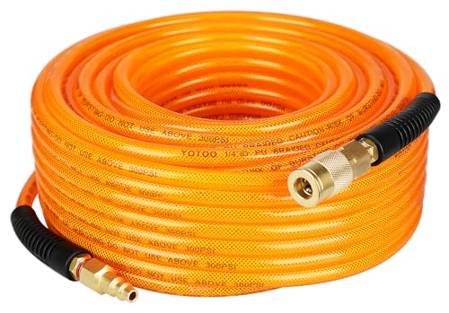 YOTOO Reinforced Polyurethane Air Hose 14 Inner Diameter by 100 Long Flexible Heavy Duty Air Compressor Hose with Bend Restrictor 14 Swivel Industrial Quick Coupler and Plug Orange - Image 1