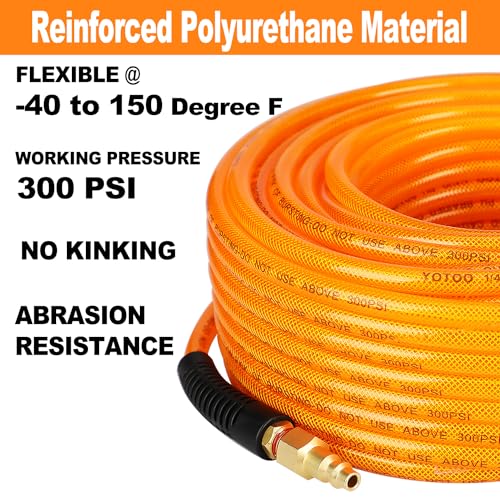 YOTOO Reinforced Polyurethane Air Hose 14 Inner Diameter by 100 Long Flexible Heavy Duty Air Compressor Hose with Bend Restrictor 14 Swivel Industrial Quick Coupler and Plug Orange - Image 3
