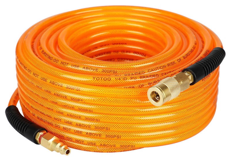 YOTOO Reinforced Polyurethane Air Hose 14 Inner Diameter by 100 Long Flexible Heavy Duty Air Compressor Hose with Bend Restrictor 14 Swivel Industrial Quick Coupler and Plug Orange - Image 2