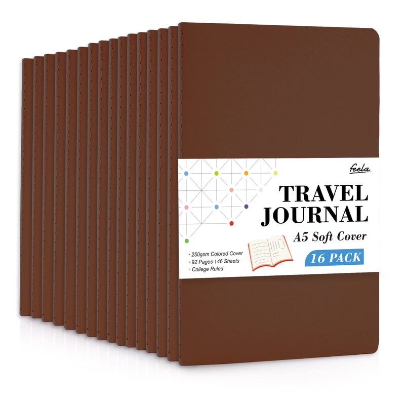 feela 16 Pack Soft Cover Journal Bulk, Lined Notebooks College Ruled for Work for Women Girl Writing, Blank Travel Journal Note Taking Notebook School Business Supplies, 8.2â€ x 5.5â€, A5, Brown - Image 1