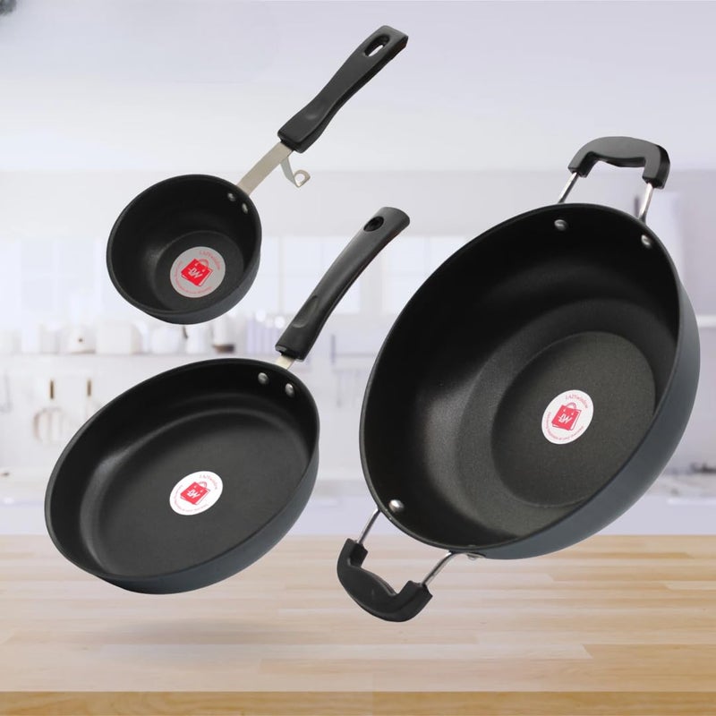 LAZYwindow Nonstick Tadka/Fry Pan and Kadhai Combo Pack (Black and Base Grey) - Image 1