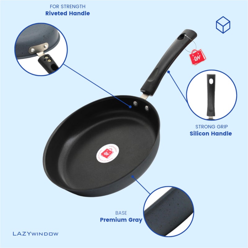 LAZYwindow Nonstick Tadka/Fry Pan and Kadhai Combo Pack (Black and Base Grey) - Image 3