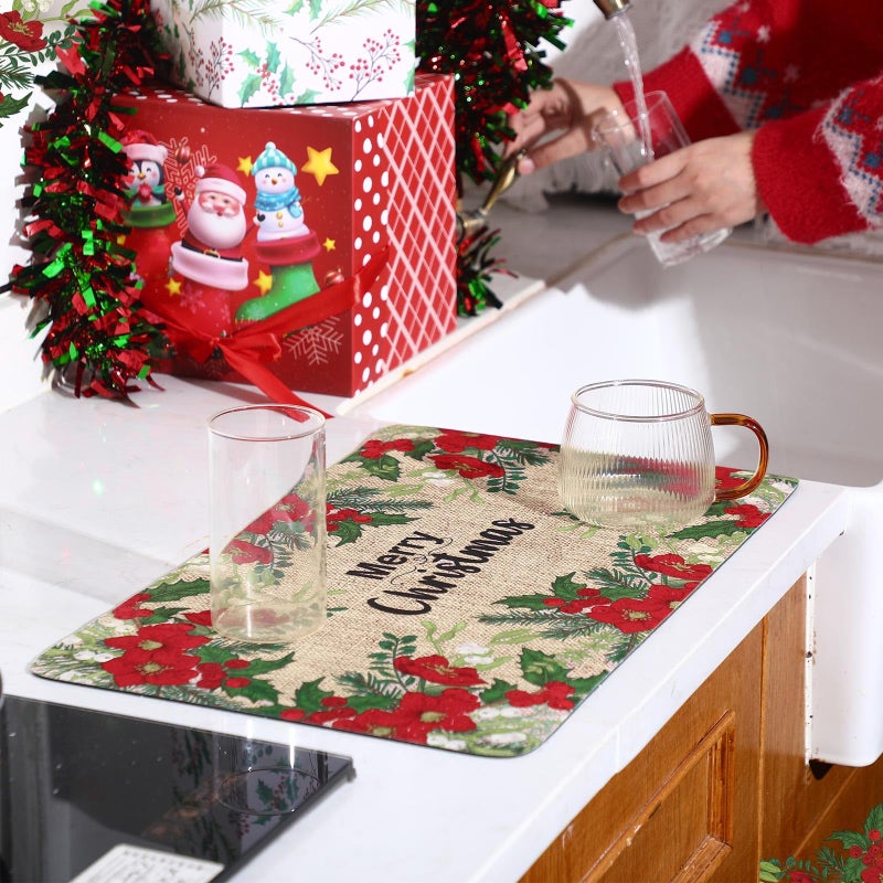 Tinideya Winter Dish Drying Mat for Kitchen Counter 12 x 20 Inch Coffee Bar Winter Mat Small Absorbent Holiday Dish Drainer Pad for Holiday Kitchen Accessories Decor(Poinsettias) - Image 5