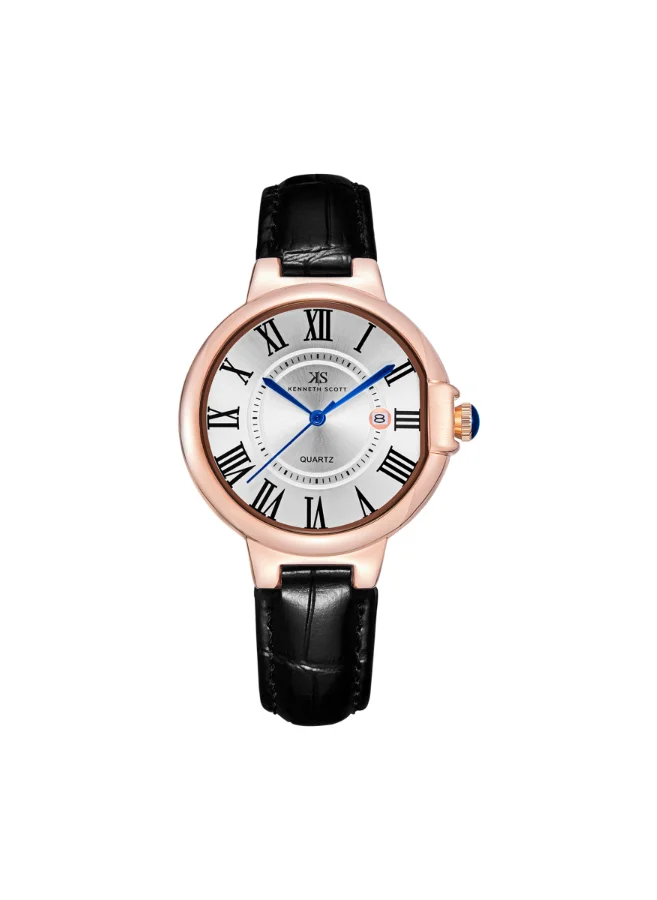 KENNETH SCOTT Women's Analog Display Watch With Black Genuine Leather  Strap - K23553-RLBW