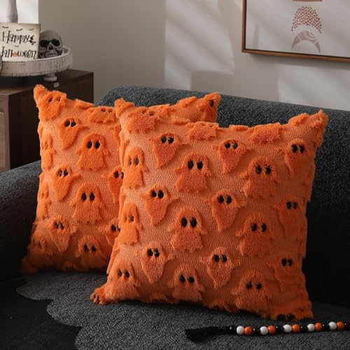 DFXSZ Halloween Pillow Covers 16x16 inch Set of 2 Orange Ghost Throw Pillow Cases Soft Plush Faux Fur Wool Couch Cushion Case for Chair Sofa Bedroom Living Room Home Decor PTK03C16 - Image 1