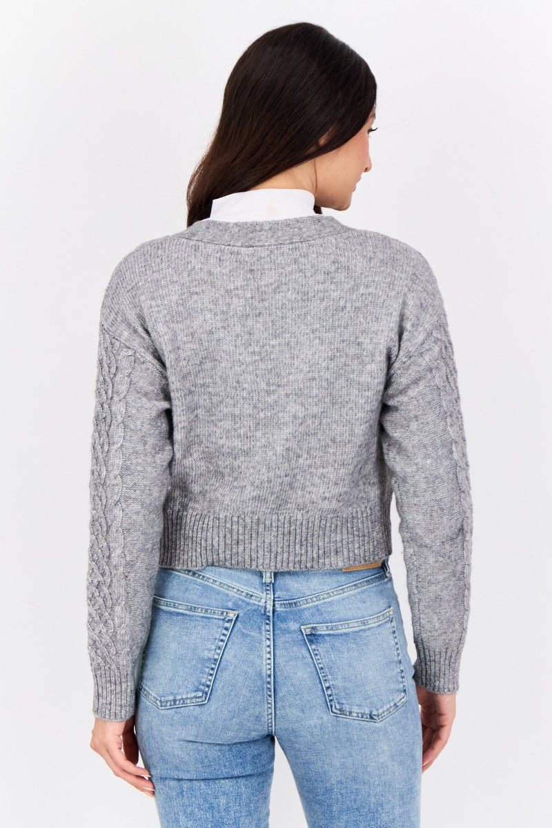 No Comment Women V Neck Knitted Cardigan, Grey  - Image 3