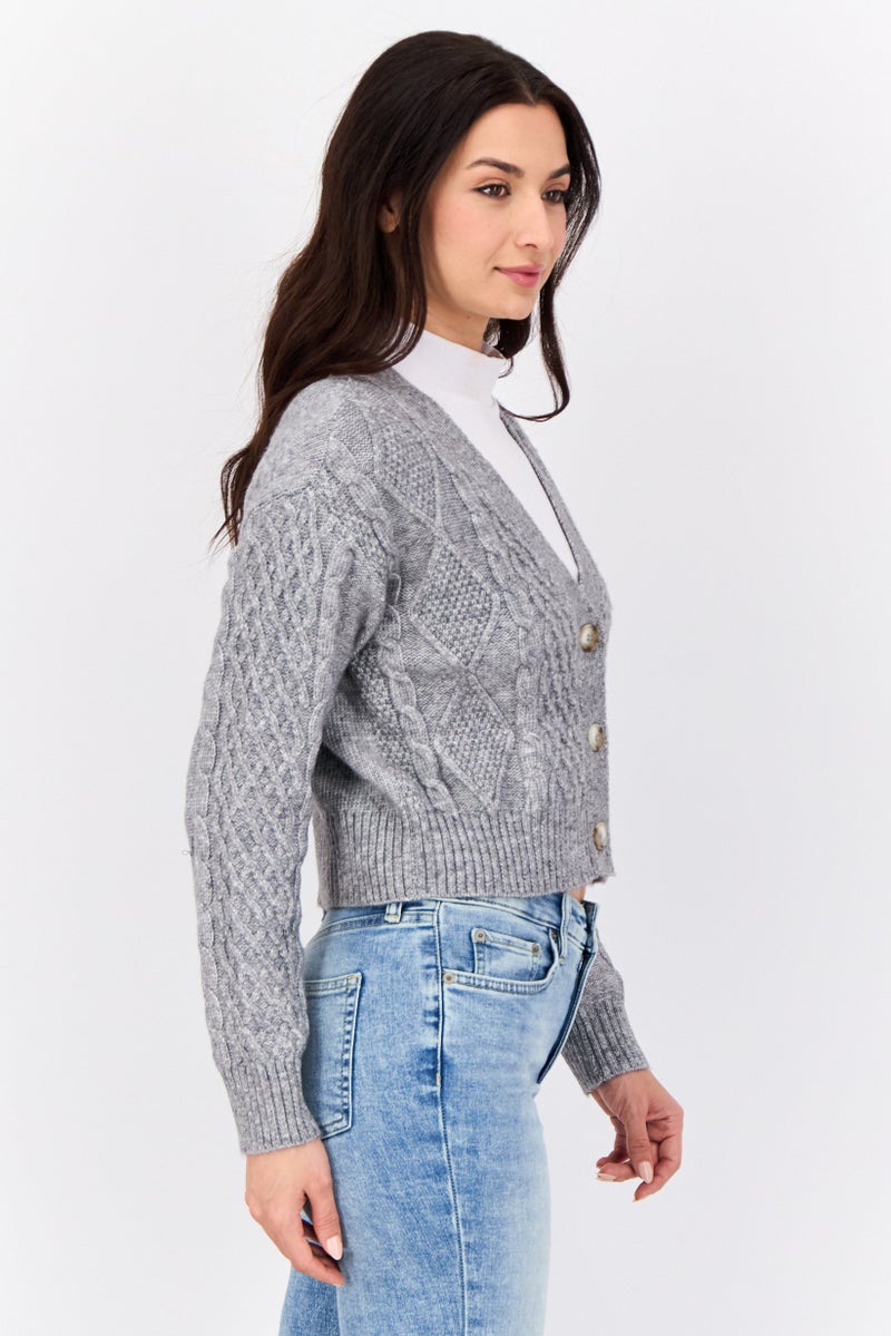 No Comment Women V Neck Knitted Cardigan, Grey  - Image 2