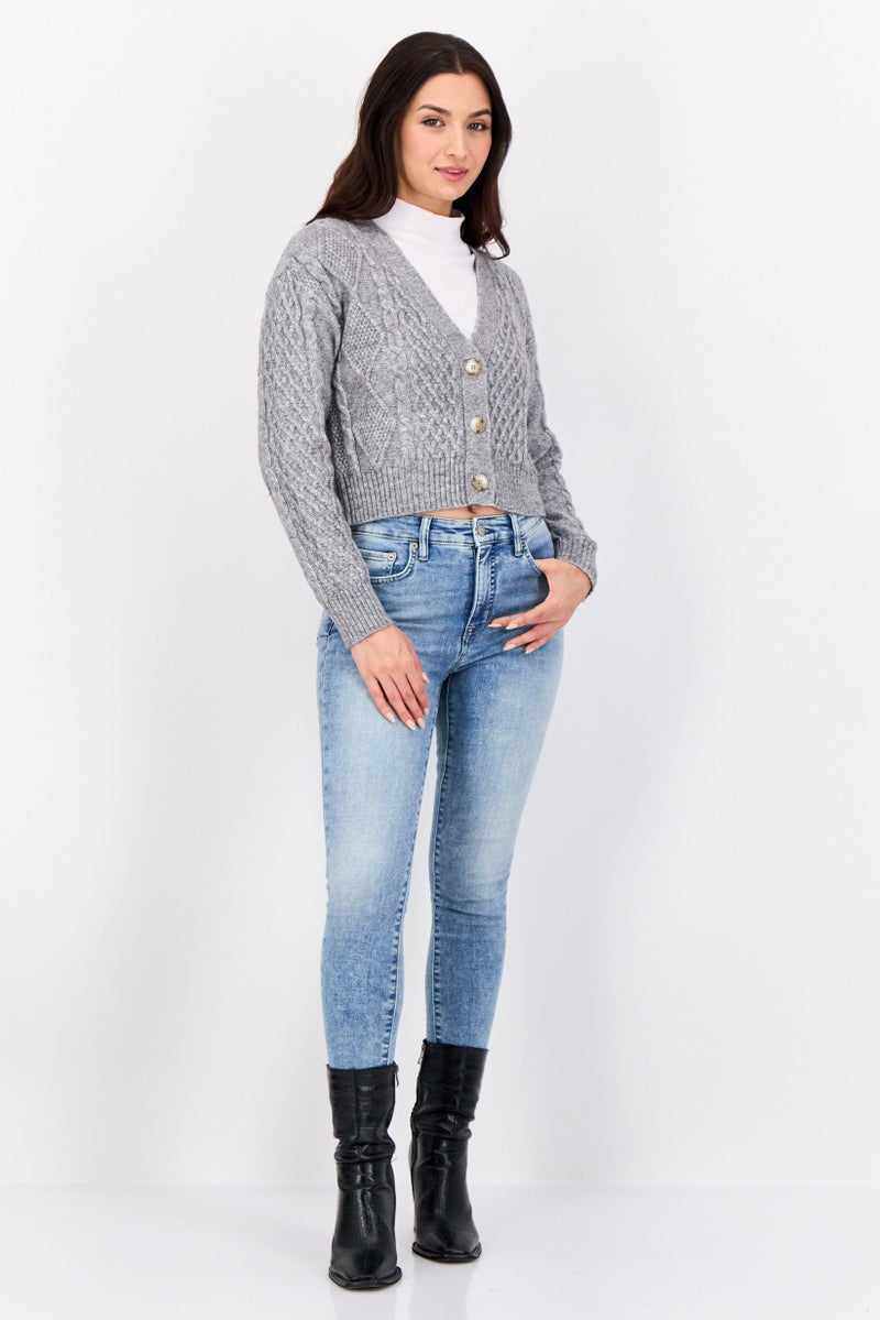 No Comment Women V Neck Knitted Cardigan, Grey  - Image 4