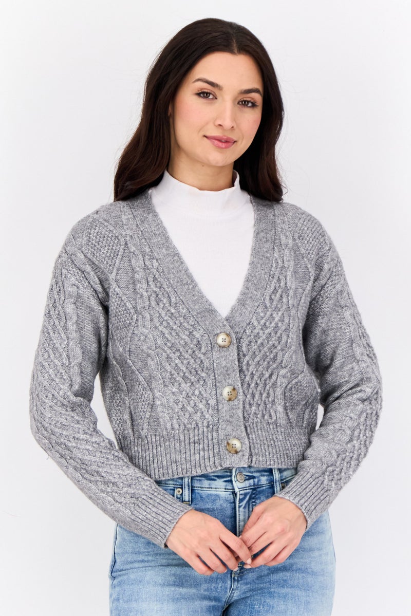 No Comment Women V Neck Knitted Cardigan, Grey  - Image 1